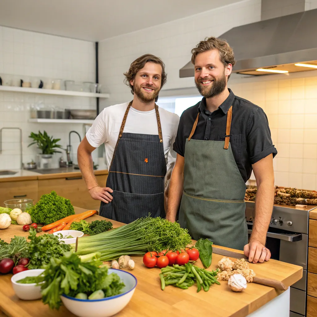 Founders of MYRETHOR in a plant-based kitchen